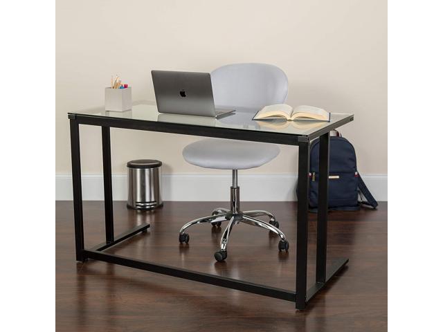 Flash Furniture Singleton Glass Desk with Black Pedestal Metal Frame