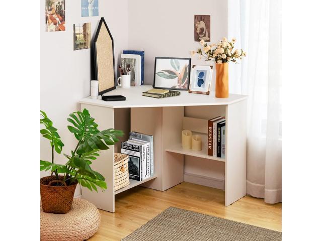 Tangkula White Corner Desk - 90 Degrees Triangle for Computer, Small Space, Bedroom, Makeup Vanity Desk with Storage Shelves & CPU Stand, Space...