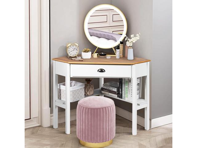 LDAILY Corner Desk for Small Space, Compact Writing Table with Drawer and Shelves, Space Saving Study Modern Workstation, Laptop Corner Computer...