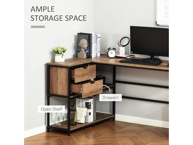 HOMCOM L-Shaped Home Offie Computer Desk with Storage Shelves, 2 Dawers and Industrial Steel Frame, Black/Brown