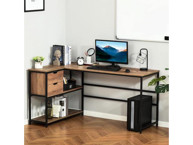 HOMCOM L-Shaped Home Offie Computer Desk with Storage Shelves, 2 Dawers and Industrial Steel Frame, Black/Brown