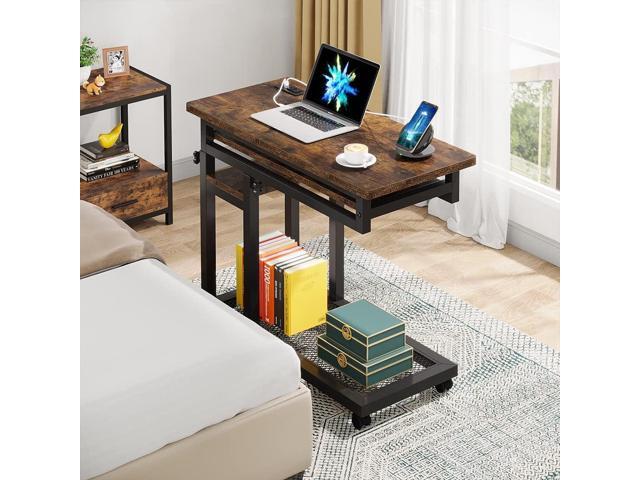 Tribesigns Small Portable Desk with Power Outlet, Height Adjustable Sofa Couch Bedside Laptop Table with Wheels, Mobile Standing Desk Rolling...