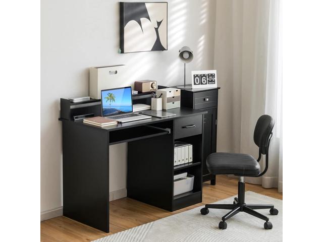 IFANNY Wooden Computer Desk, Black Home Office Desk w/Drawers, Keyboard Tray, Open Shelves & Monitor Stand, Modern Writing Desk, Compact Computer...