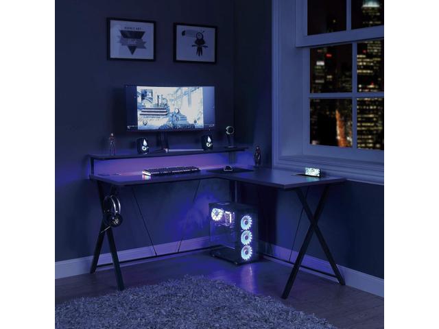 OSP Home Furnishings Checkpoint Battlestation L Shaped Gaming Desk with RGB LED Lights, Black