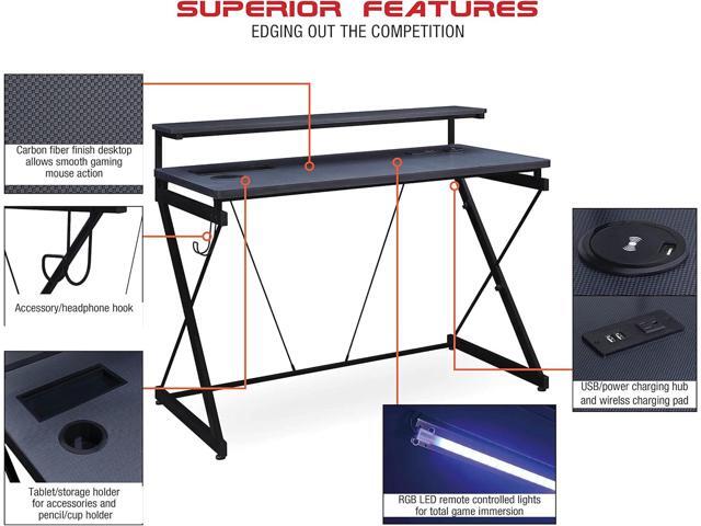 OSP Home Furnishings Emulator Battlestation Gaming Desk with RGB LED Lights, Black