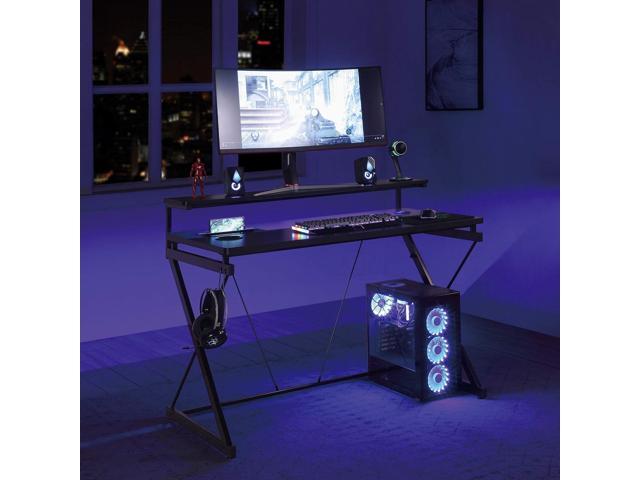 OSP Home Furnishings Emulator Battlestation Gaming Desk with RGB LED Lights, Black