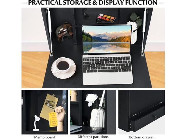 COSTWAY Wall-Mounted Computer Desk, Floating Desk with Storage Drawer & Shelves, Fold-up Desktop & Pneumatic Springs, Ideal for Home, Office,...
