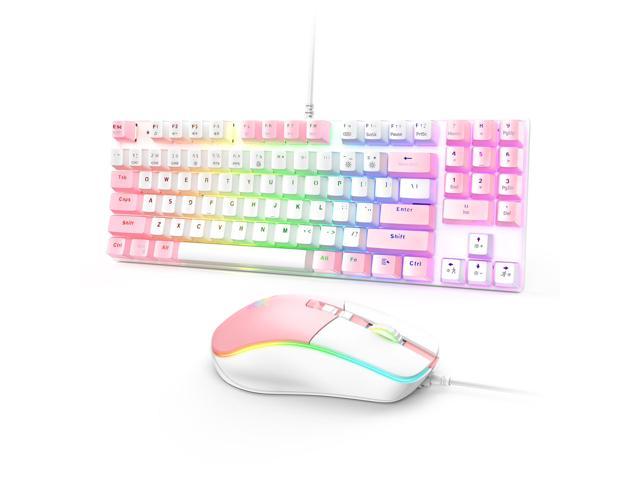 NewStyp Cute Pink Girls Boys G26 Wired 89-keys Mechanical Keyboard Mouse Set USB Interface Backlit Keyboard for Gaming Office Dedicated white / pink