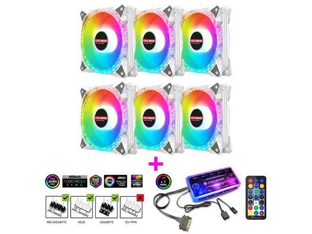 NewStyp 5V 3Pin ARGB Fans PC CPU Cooler Water Cooling 120mm Replace Computer Case Cooling RGB 12V 4Pin PWM Fan Accessories White 6 Packs