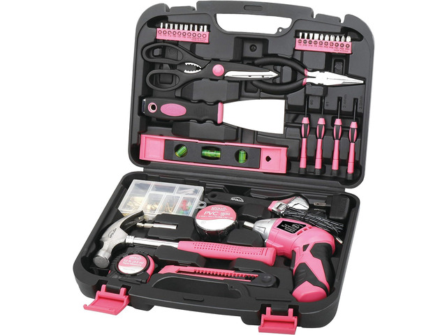 135 Piece Household Tool Kit Pink with Pivoting Dual-Angle 3.6 V Lithium-Ion Cordless Screwdriver - DT0773N1