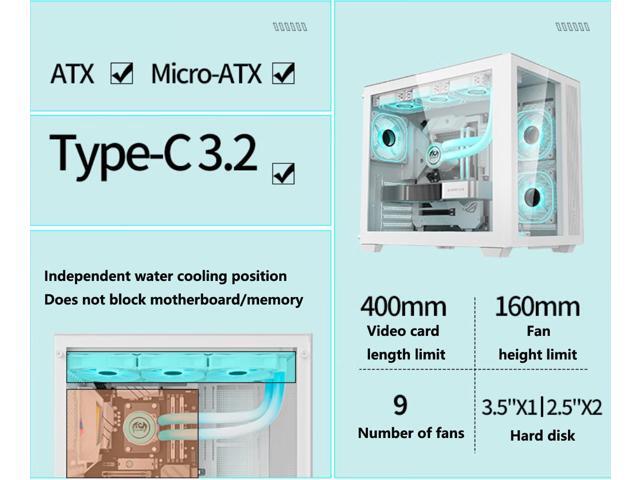 Micro ATX Case, Mini-ITX Gaming PC Case 2 Tempered Glass Panels & Front Panel Micro ATX PC Case USB 3.0 Type-C 3.2/360mm Water Cooling Ready - White