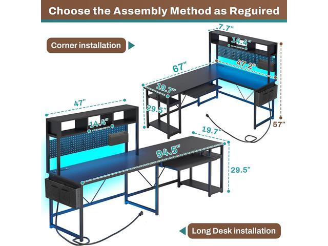 L Shaped Gaming Desk, Reversible Computer Desk with Power Outlet and Pegboard, Gaming Desk with Led Lights, Keyboard Tray and Storage Bag for Home...