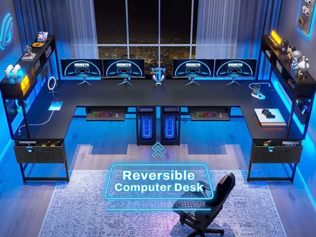 L Shaped Gaming Desk, Reversible Computer Desk with Power Outlet and Pegboard, Gaming Desk with Led Lights, Keyboard Tray and Storage Bag for Home...