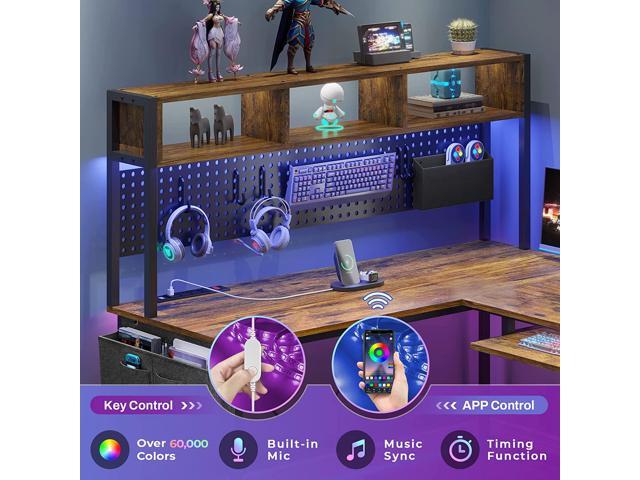 L Shaped Computer Desk, Reversible Corner Desk with Power Outlet and Pegboard, Computer Desk with Led Lights, Keyboard Tray, Headphone Hook and...