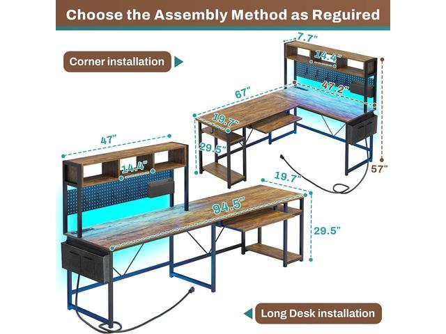 L Shaped Computer Desk, Reversible Corner Desk with Power Outlet and Pegboard, Computer Desk with Led Lights, Keyboard Tray, Headphone Hook and...