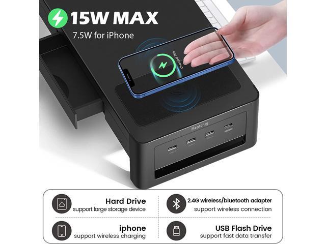 3 In 1 Monitor Stand Riser with 2 Drawers,1 Wireless Charging Module and 4 USB Ports,Metal Computer Stand Support Transfer Data and Charging,Desk...