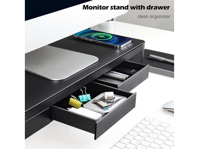 3 In 1 Monitor Stand Riser with 2 Drawers,1 Wireless Charging Module and 4 USB Ports,Metal Computer Stand Support Transfer Data and Charging,Desk...