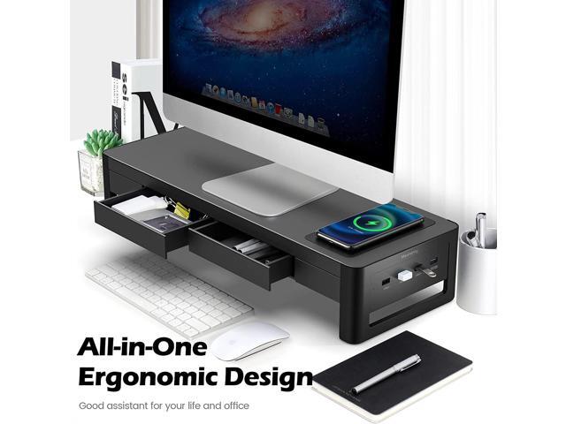3 In 1 Monitor Stand Riser with 2 Drawers,1 Wireless Charging Module and 4 USB Ports,Metal Computer Stand Support Transfer Data and Charging,Desk...