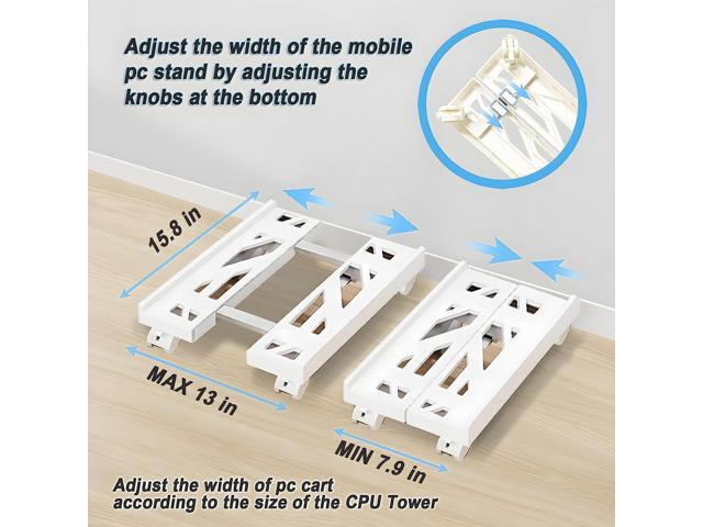 Computer Tower Stand, Adjustable CPU Stand Cart, Mobile PC Stand with Rolling Casters, CPU Raise Fits Most PC Gaming Office Desk Accessories - White