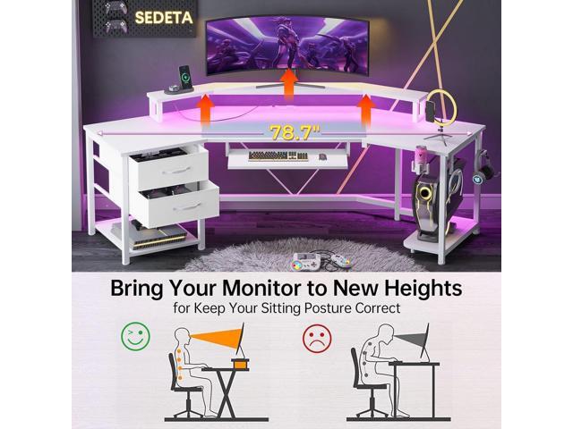 79' Gaming Desk, Computer Desk with 2 Fabric Drawers & LED Light, L Shaped Gaming Desk with Storage Shelf for Home Office, Carbon Fiber w/Free...