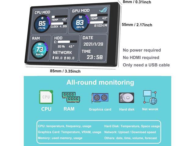 English Version Computer Temp Monitor, PC Sensor Panel Display, PC Temperature Display for PC ARGB Computer Case Secondary Screen, IPS USB Mini...