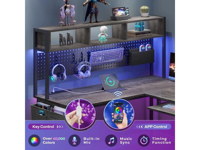 L Shaped Desk, 94.5 Inch Home Office Desk with Power Outlet & Pegboard, L Shaped Gaming Desk with Led Light, Keyboard Tray, Storage Shelves and...