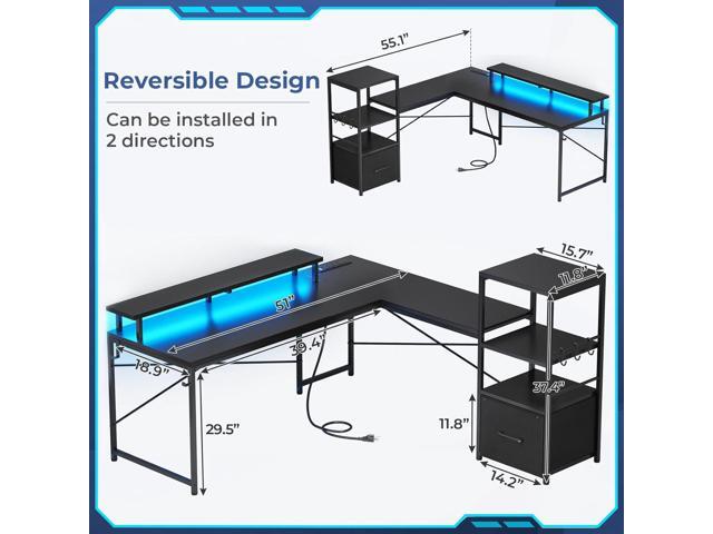 51' L Shaped Gaming Desk, Computer Desk with Storage Shelves, Gamer Desk with Power Outlets & LED Lights, Fabric Drawer, Monitor Stand and Hooks,...