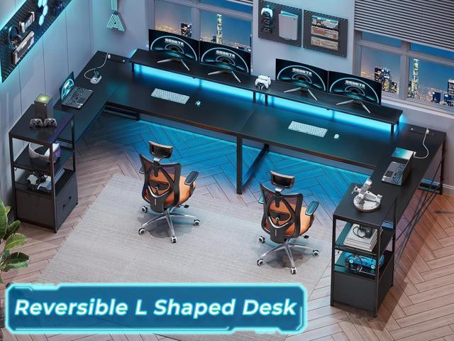 51' L Shaped Gaming Desk, Computer Desk with Storage Shelves, Gamer Desk with Power Outlets & LED Lights, Fabric Drawer, Monitor Stand and Hooks,...