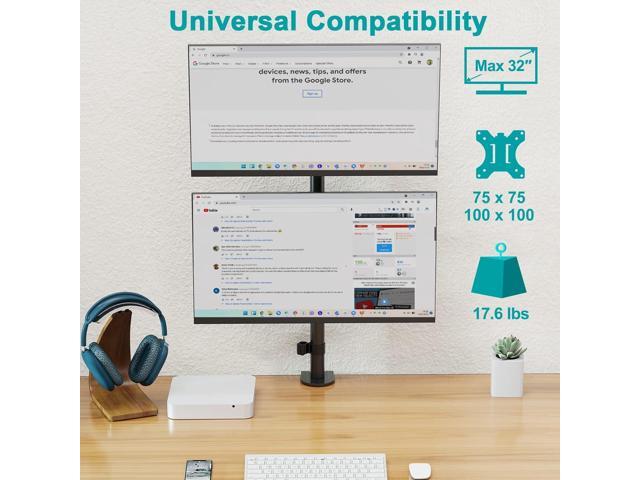 Vertical Dual Monitor Stand, Stacked Monitor Mount for 2 Monitors Up to 32 inches, Computer Monitor Arm with Swivel, Tilt, Height Adjustable, Each...