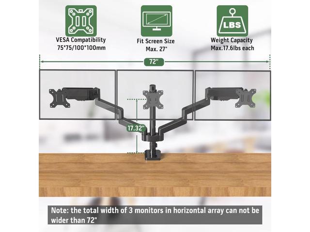 Triple Monitor Mount, 3 Monitor Desk Stand for Three Flat/Curved Computer Screens Up to 27, Heavy Duty Gas Spring Monitor Arms Hold up to 17.6lbs...