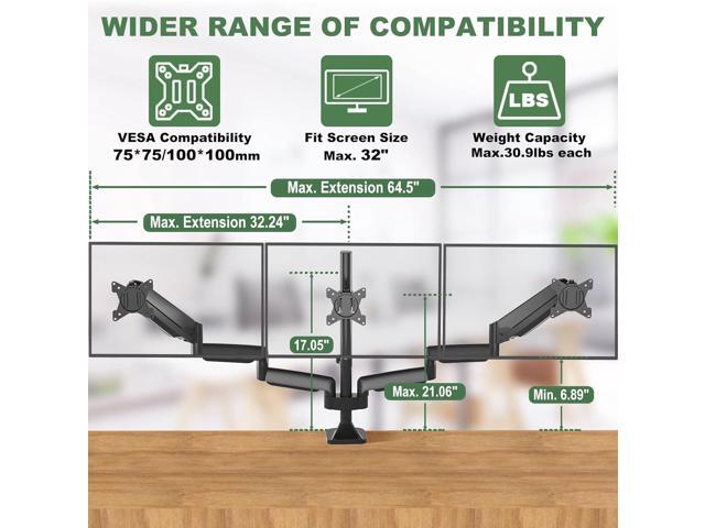 Triple Monitor Stand, 3 Monitor Desk Mount for Three Flat/Curved Computer Screens up to 32, Heavy-Duty Double C-Clamp Base, Fully Adjustable Gas...
