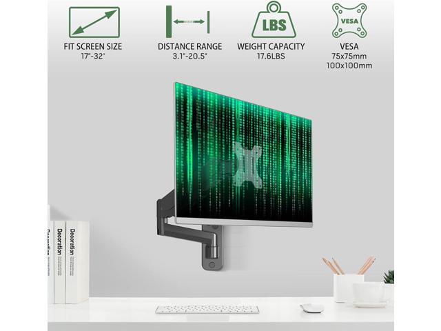 Monitor Wall Mount, Computer Monitor Wall Mount for 17-32 inch Flat/Curved Screens, Gas Spring Single Wall Mount Monitor Arm Holds up to 17.6lbs,...