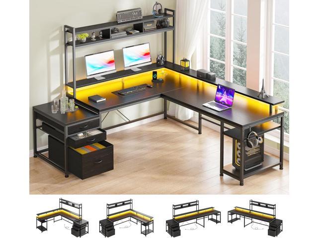 L Shaped Gaming Desk with LED Black Gaming Desk with Drawers & Storage Shelf Reversible Large Computer Desk with Monitor Stand & Power Outlets L...