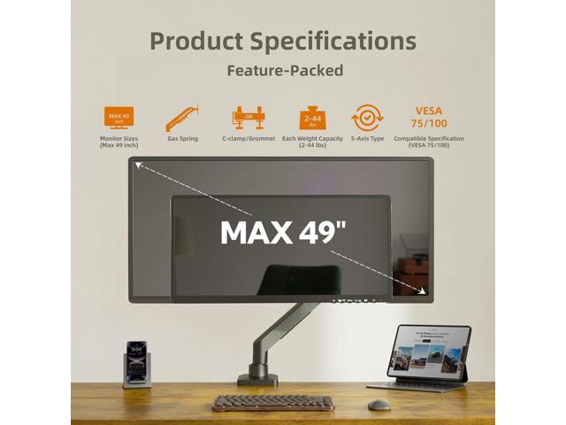 Single Monitor Mount for Max 49 inch Screens Stand up to Max 44 lbs, Ergonomic Gas Spring Heavy-Duty Adjustable Monitor Arm, with Clamp and Grommet...