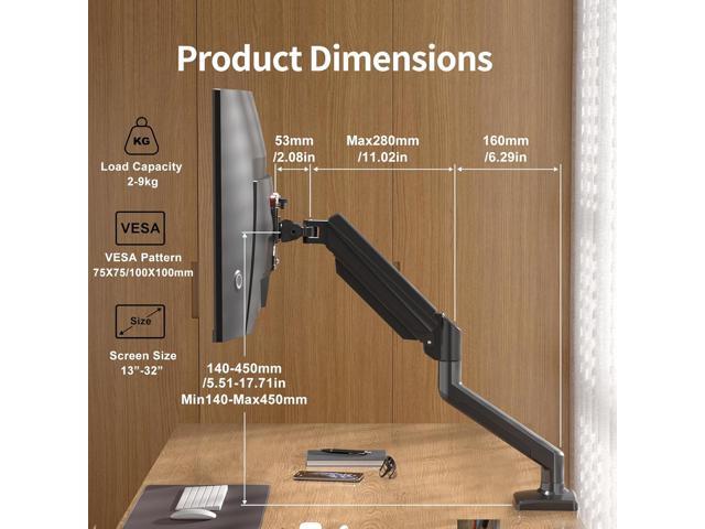 Single Monitor Mount for 13-32 inch, Adjustable Gas Spring Monitor Arm Desk Mount Stand, 4.4-19.8lbs Screen, with VESA Mount 75x75/100x100mm