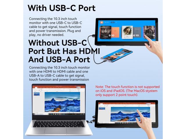 10.3'' Small Touchscreen Monitor, 400cd/m², VESA, IPS Stretched Bar LCD Mini Travel Touch Display 1920 * 720 HDMI USBC, Portable Touch Screen for...