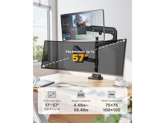 Dual Monitor Arm for up to 57' and 59.4 lbs Ultrawide Screen, Aluminum Heavy-Duty Gas Spring Vertical Stackable Curved Screen Adjustable Monitor...