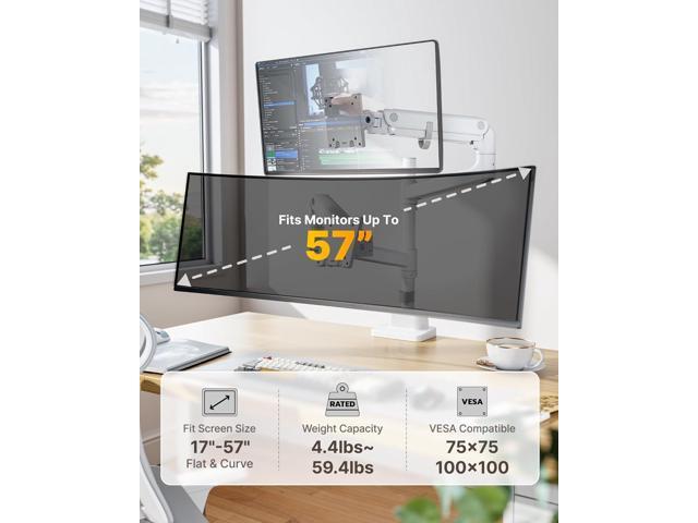 Dual Monitor Arm for up to 57' and 59.4 lbs Ultrawide Screen, Aluminum Heavy-Duty Gas Spring Vertical Stackable Curved Screen Adjustable Monitor...