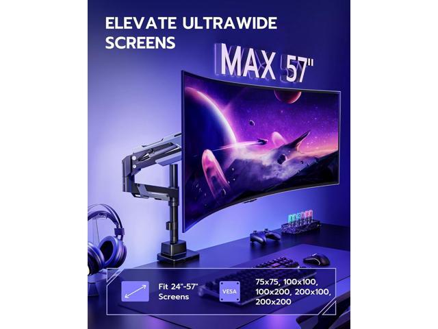 Single Monitor Mount, Ultrawide Monitor Arm for 24 to 57 Inch Heavy Duty Curved Screen, Adjustable Gas Spring Monitors Arm Stand up to 66LBS with...