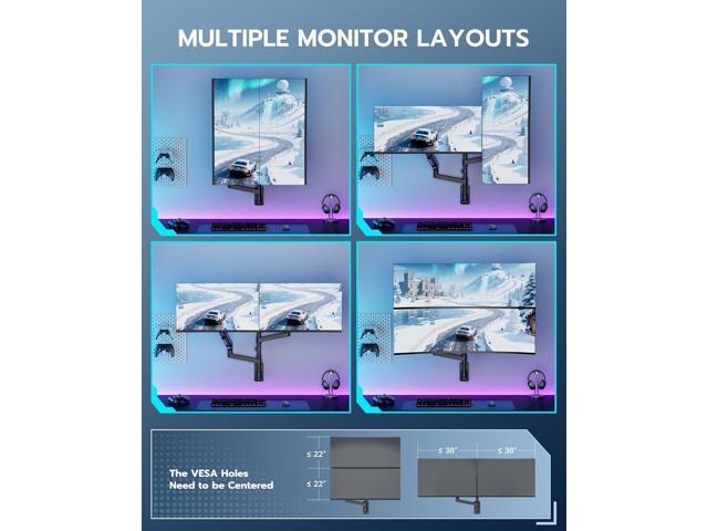 Dual Monitor Wall Mount for 24-57 Inch Ultrawide Screens, Premium Heavy Duty Monitor Arm Holds 60 lbs, Full Motion Gas Spring, Bearing Head for...