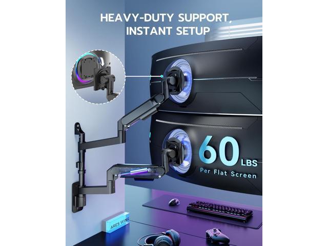 Dual Monitor Wall Mount for 24-57 Inch Ultrawide Screens, Premium Heavy Duty Monitor Arm Holds 60 lbs, Full Motion Gas Spring, Bearing Head for...