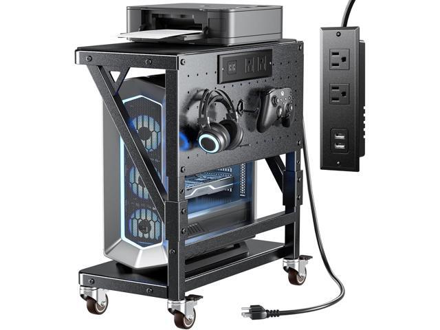 Computer Tower Stand with Charge Station and USB Port,Pc CPU Holder Cart for Floor Carpet with Wheels,Heavy Duty Metal,Adjustable Height,Rolling Pc...