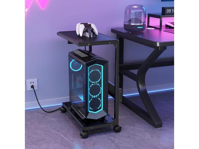 PC Stand, Adjustable Computer Tower Stand on Wheels, Heavy Duty Metal Computer Case Cart with Power Strip, Under Desk Rolling PC Holder for Floor...