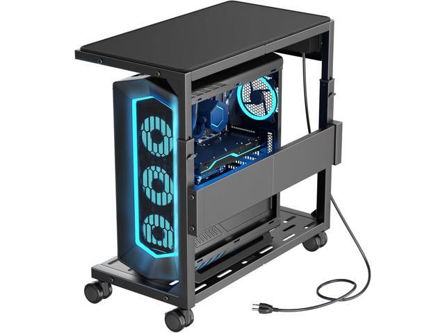 PC Stand, Adjustable Computer Tower Stand on Wheels, Heavy Duty Metal Computer Case Cart with Power Strip, Under Desk Rolling PC Holder for Floor...