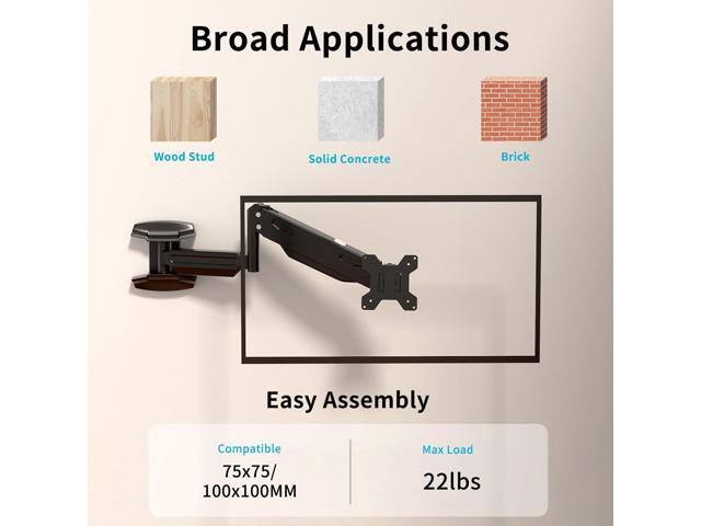 Gas Spring Single Arm Monitor Wall Mount for 13-32 Inch Screens - Full Motion Adjustable Arm Holds up to 22lbs, VESA 75x75/100x100mm Bracket...