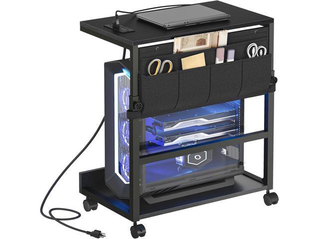 Computer Tower Stand with Charge Station and USB Port, 2-Tier PC CPU Holder Cart for Floor Carpet with Wheels, Adjustable Height, Rolling PC...