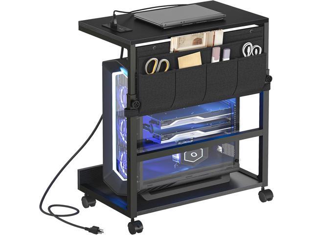Computer Tower Stand with Charge Station and USB Port, 2-Tier PC CPU Holder Cart for Floor Carpet with Wheels, Adjustable Height, Rolling PC.