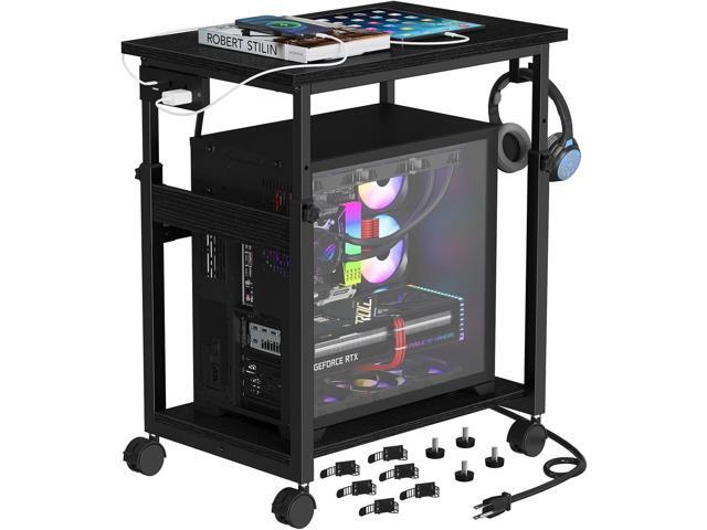 Extra-Large Computer Tower Stand with Charging Station, Adjustable PC Tower Stand for Floor 25.2'-36.2', Mobile Rolling CPU Holder Cart with.