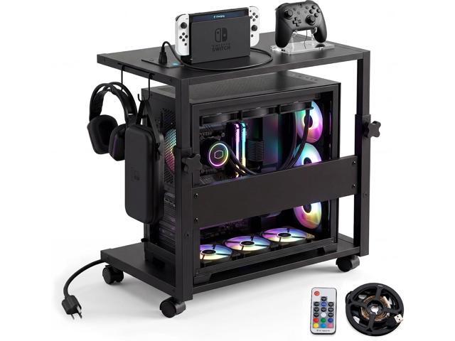 Computer Tower Stand with LED Light Strip,23.6'' Ã— 15.7'' Mobile Rolling CPU Holder,Height Adjustable PC Tower Stand with Charging Station for...