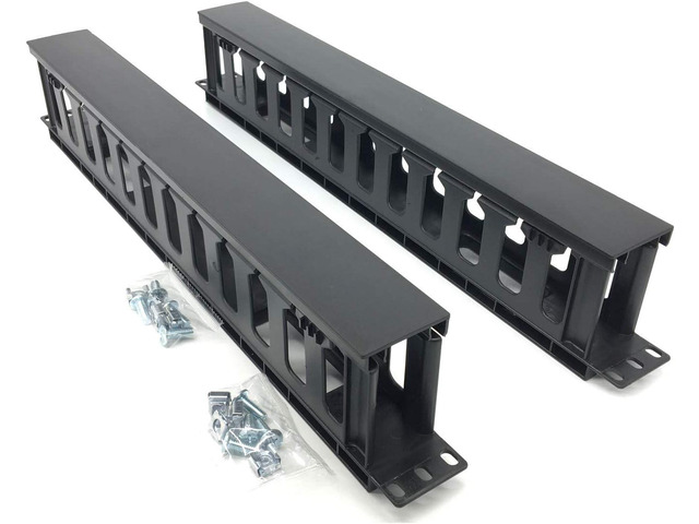 2 Pack 1U 19 inches Plastic Cable Manager with Cover 12 Slots Horizontal Rack Mount Organizer with M6 Screws and Cage Nuts